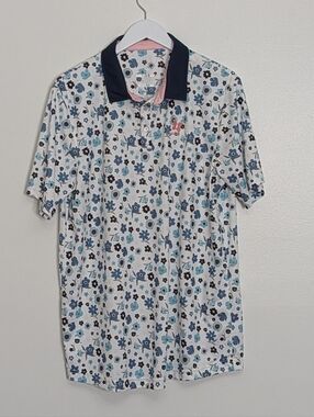 Swannies Polo XL White Floral Print Navy Collar Golf Short Sleeve Kapalua Hawaii
